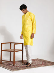 Men's Yellow And Cream Silk Blend Kurta Pyjama Set