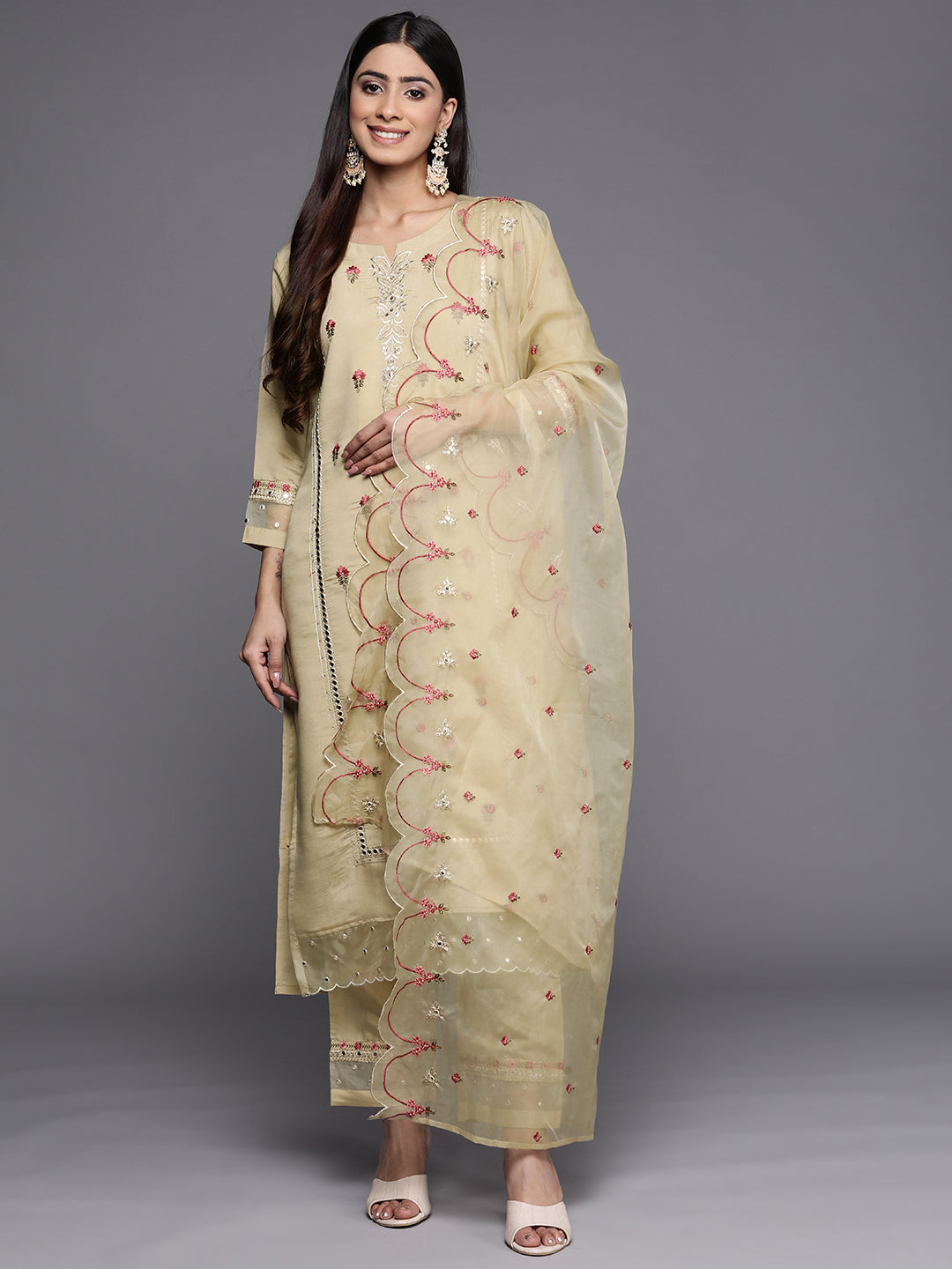 Women Beige Embroidered Kurta  Paired With  Tonal Bottom And Organza Dupatta