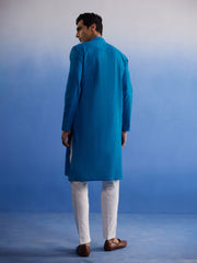 Men's Aqua And White Pure Cotton Kurta Pyjama Set