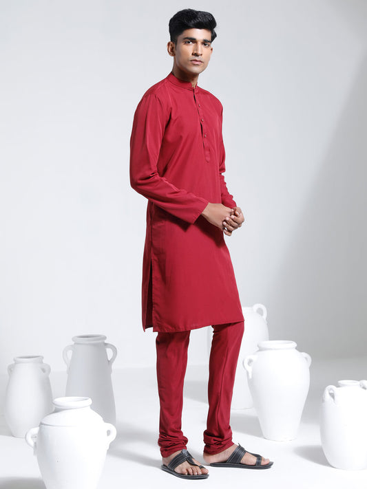 Men's Maroon Crepe Kurta And Pyjama