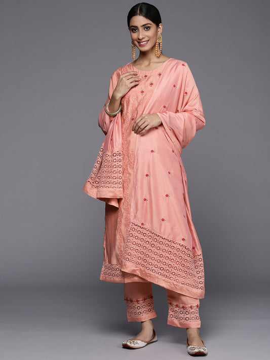 peach embroidered kurta paired with tonal bottom and  embroidered dupatta