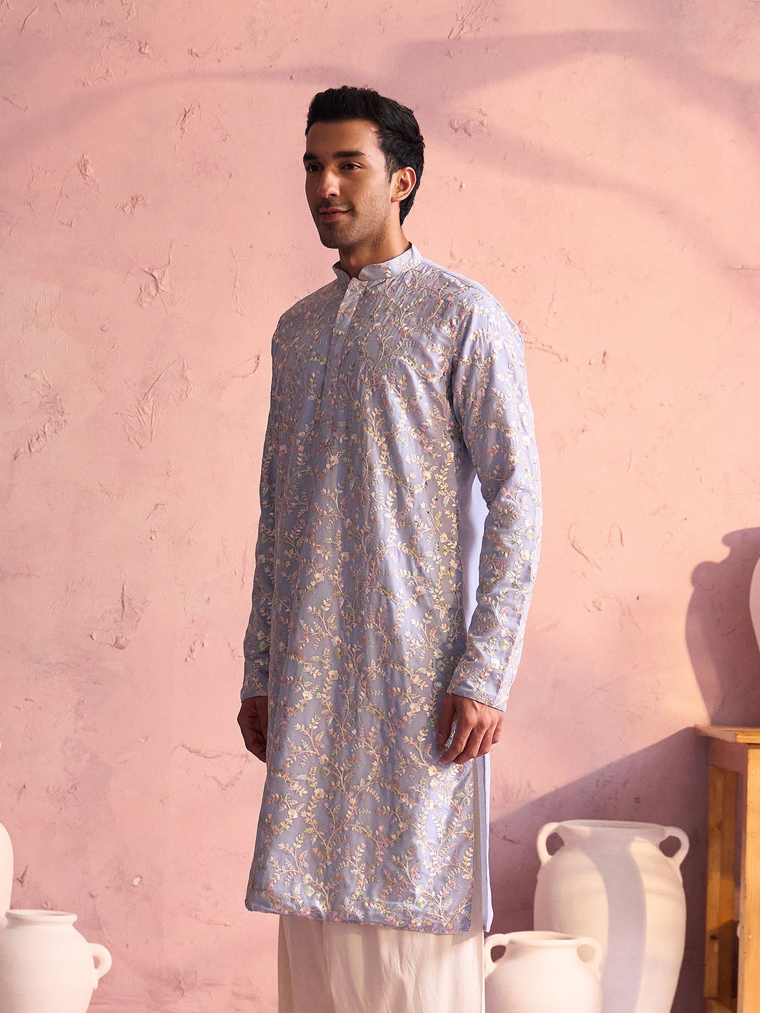 Men's Pastel Blue Georgette Kurta