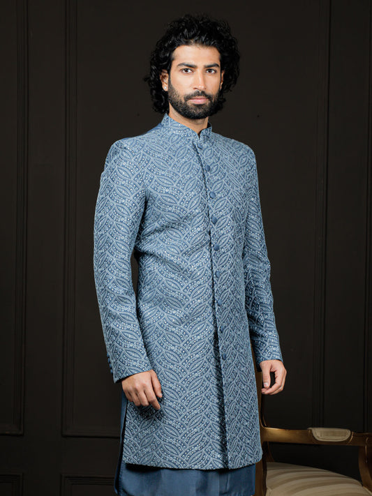 Men's Blue Cotton Blend Sherwani Only Top