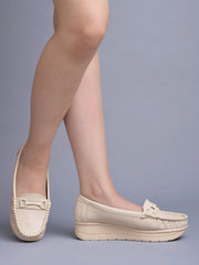 Shoetopia upper Bow Detailed Cream Loafers For Women & Gilrs