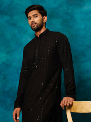 Men's Black And White Rayon Cotton Kurta Pyjama Set