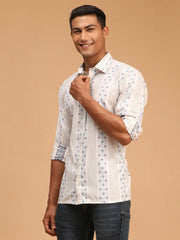 Men's Blue And White Cotton Ethnic Shirt