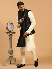 Men's Black And Cream Viscose Jacket, Kurta and Pyjama Set