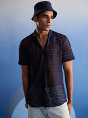 Men's Blue Net Ethnic Shirt