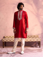 Men's Red And Cream Moonga Silk Kurta Pyjama Set