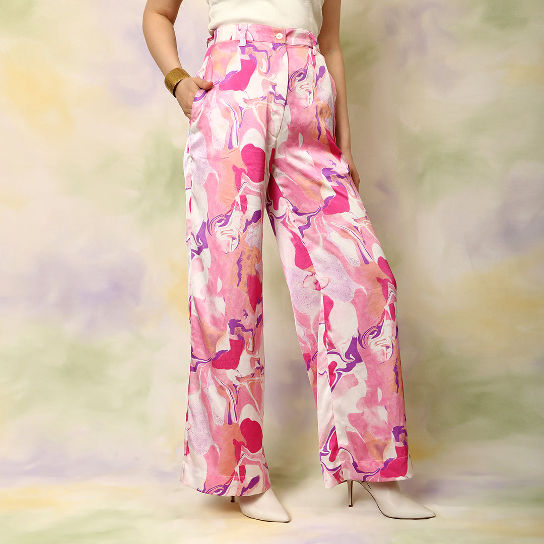 High Waisted Flared Marble Print Trousers