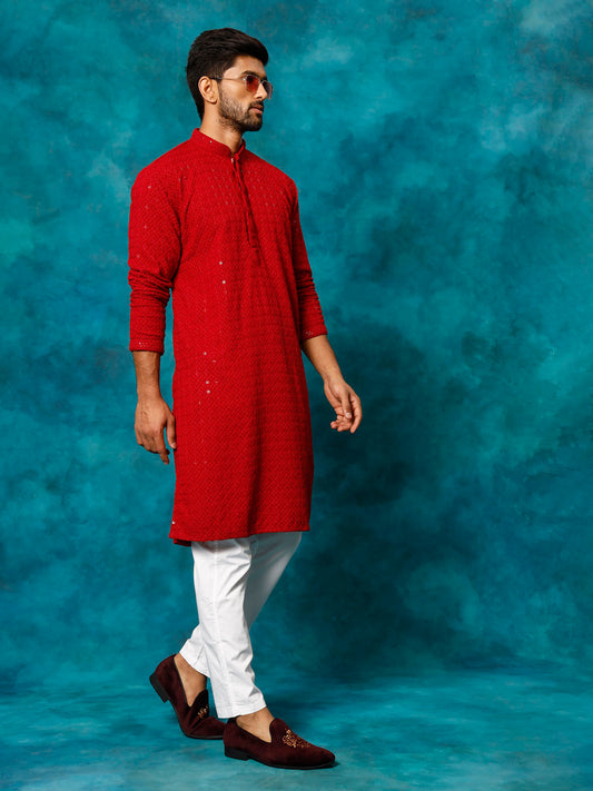 Men's Maroon And White Rayon Cotton Kurta Pyjama Set