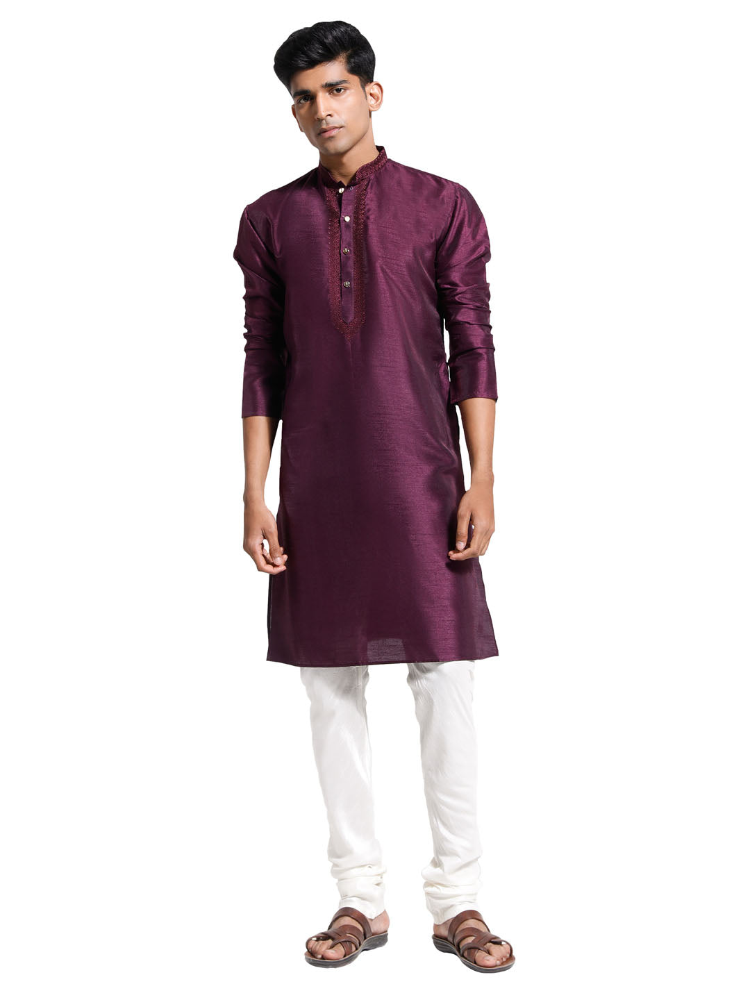 Men's Wine And Cream Dupion Silk Kurta Pyjama Set