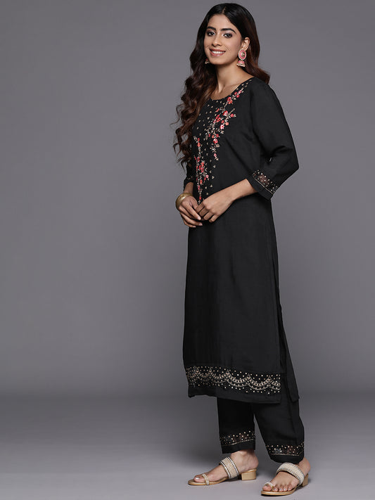 Women Black Thread And Sequins Embroidered Kurta With Bottom And Dupatta