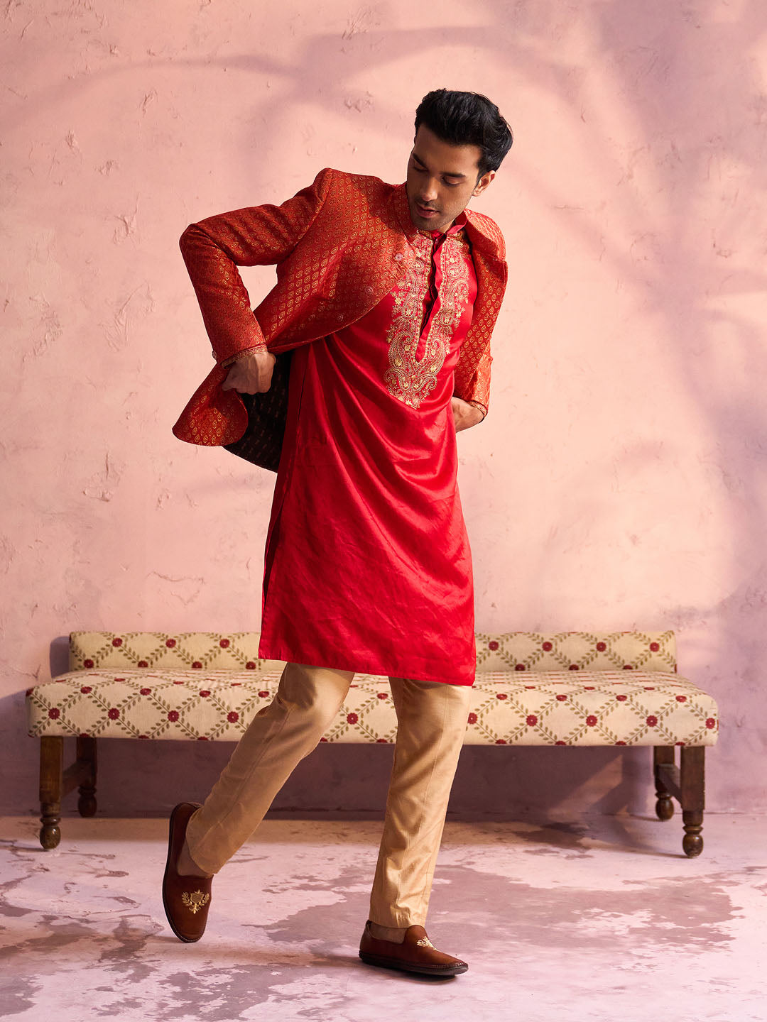 Men's Rose Gold And Red Moonga Silk Jacket, Kurta and Pyjama Set