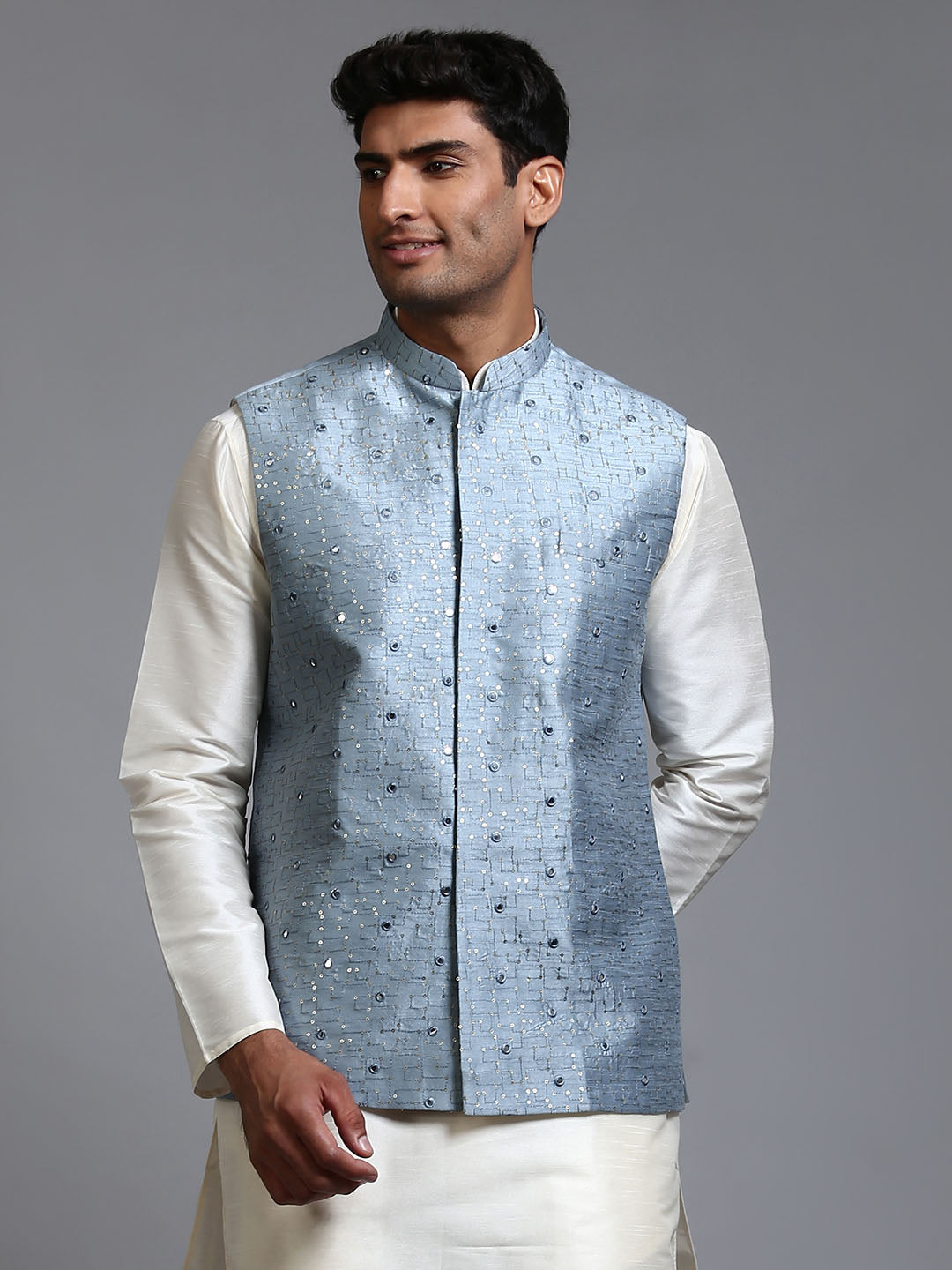 Men's Grey Mirror Work Nehru Jacket