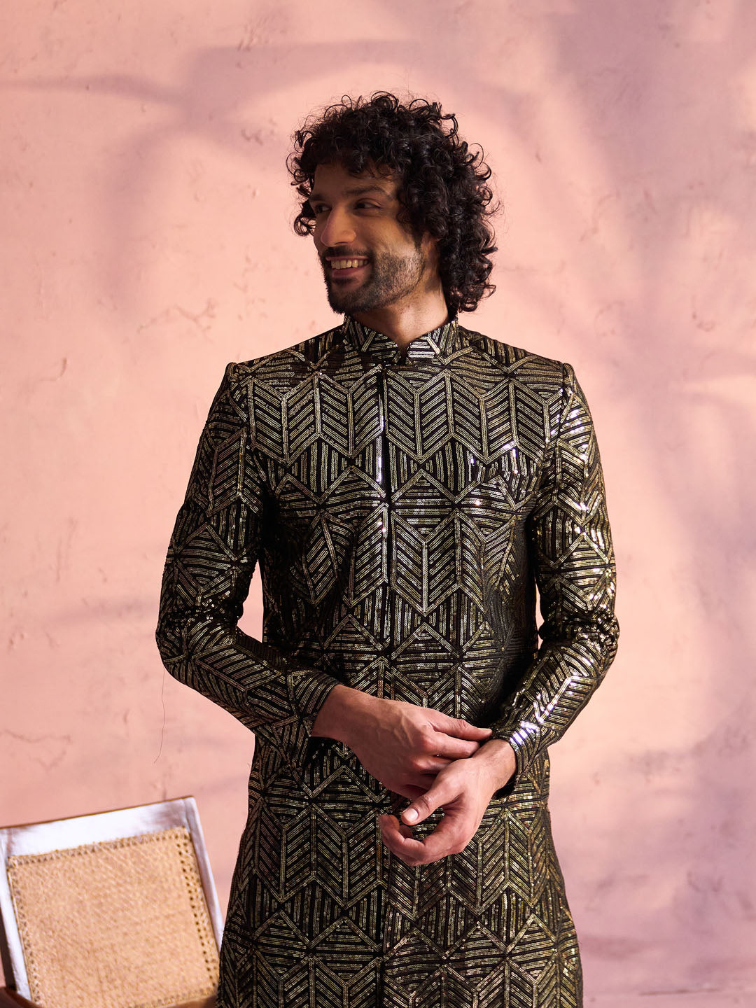 Men's Black And Cream Georgette Sherwani Set