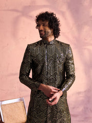 Men's Black And Cream Georgette Sherwani Set