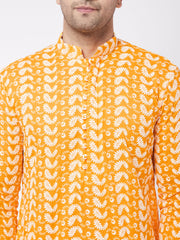 Men's Orange And White Pure Cotton Kurta Pyjama Set