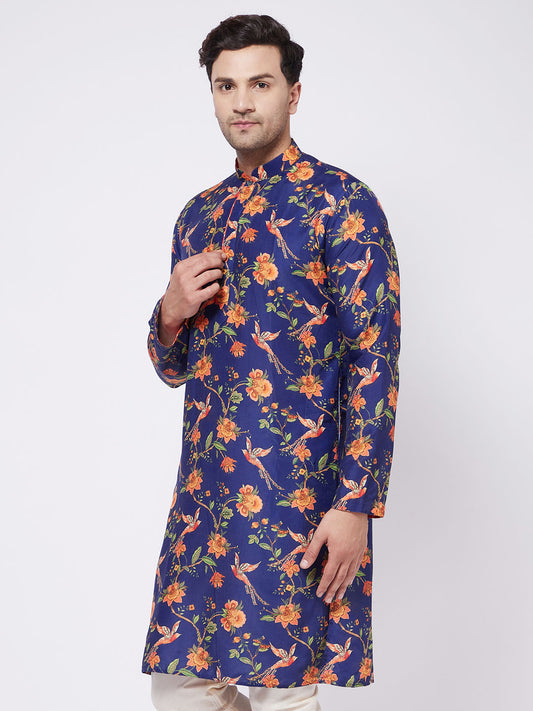 Men's Multicolor-Base-Navy Blue Muslin Kurta