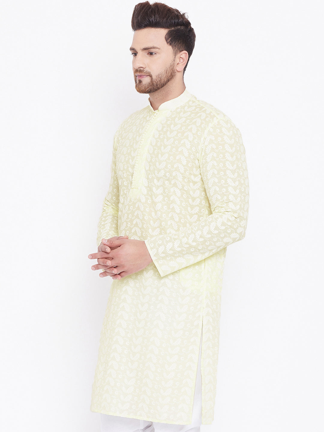 Men's Yellow and White Cotton Kurta