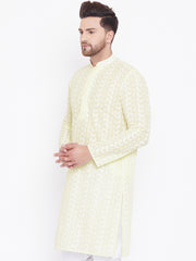 Men's Yellow and White Cotton Kurta