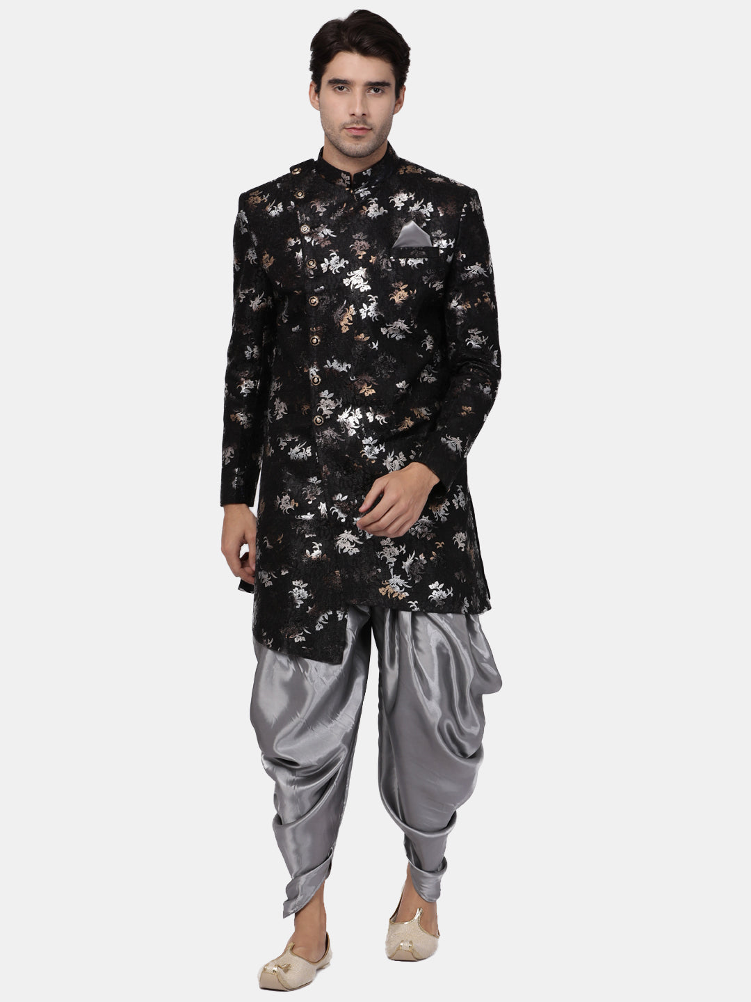 Men's Black Polyester Lurex Blend Sherwani Only Top