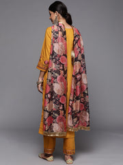 mustard embroiderd kurta and trouser with digital printed dupatta