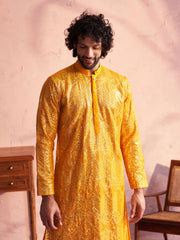 Men's Yellow And Cream Georgette Kurta and Patiala Set