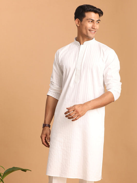 Men's White Cotton Blend Kurta