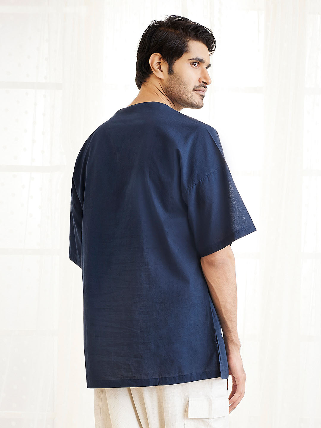 Men's Navy Blue Cotton Short Kurta