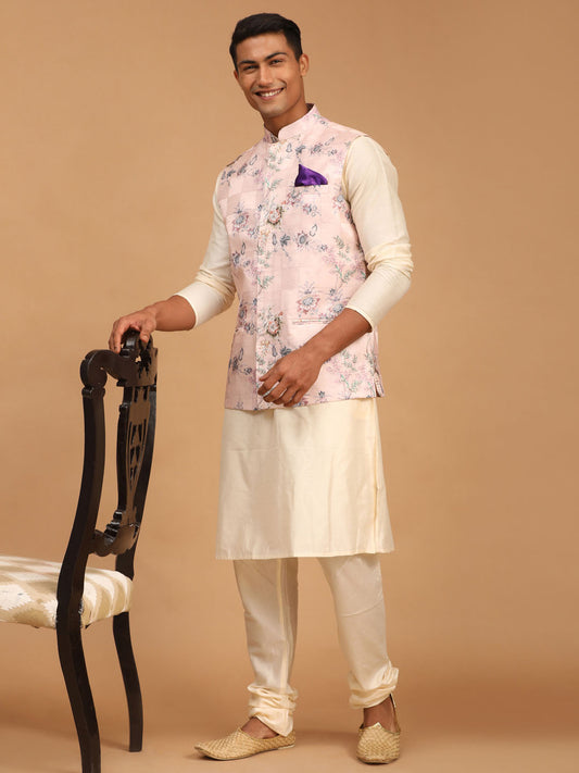 Men's Multicolor-Base-Peach Viscose Jacket, Kurta and Pyjama Set