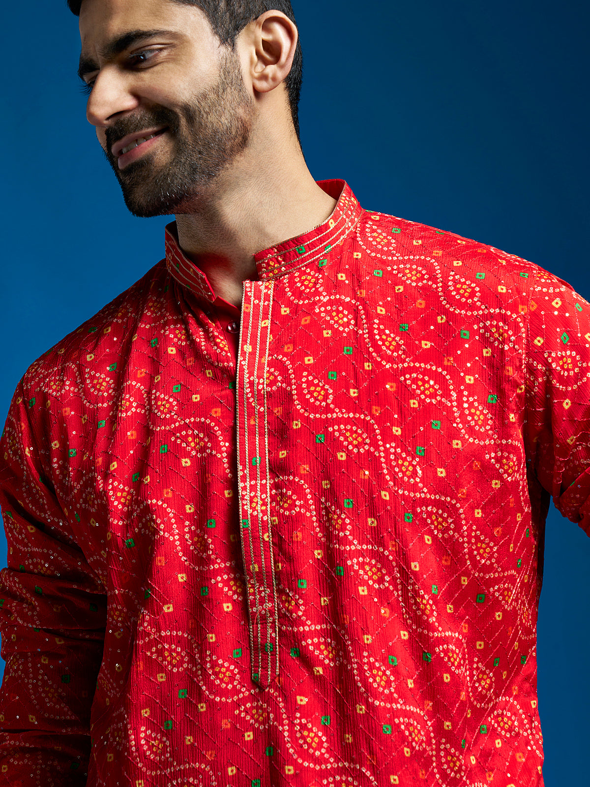 Men's Red And Cream Chinon Kurta And Patiala Set.