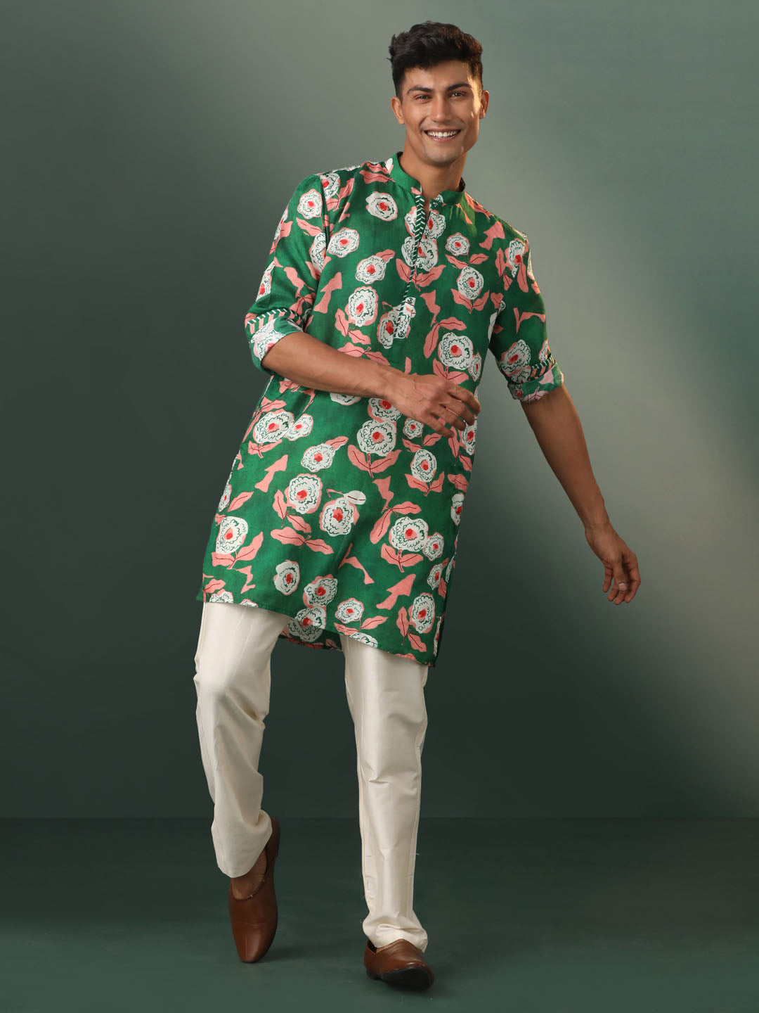 Men's Green Cotton Blend Kurta