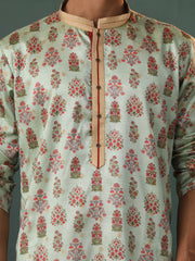 Men's Aqua And Rose Gold Silk Blend Kurta Pyjama Set