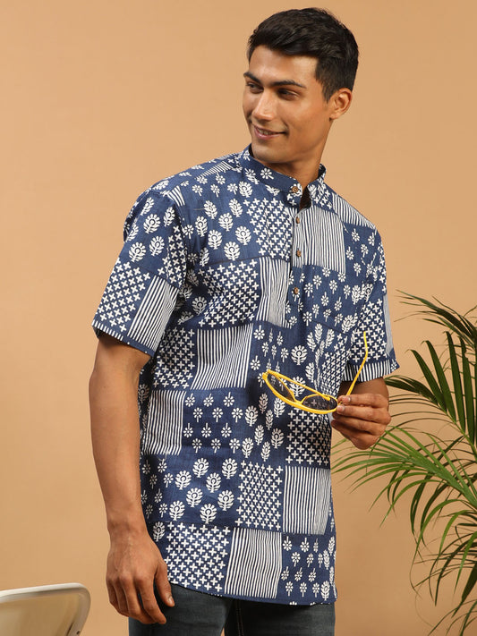 Men's Blue Cotton Short Kurta