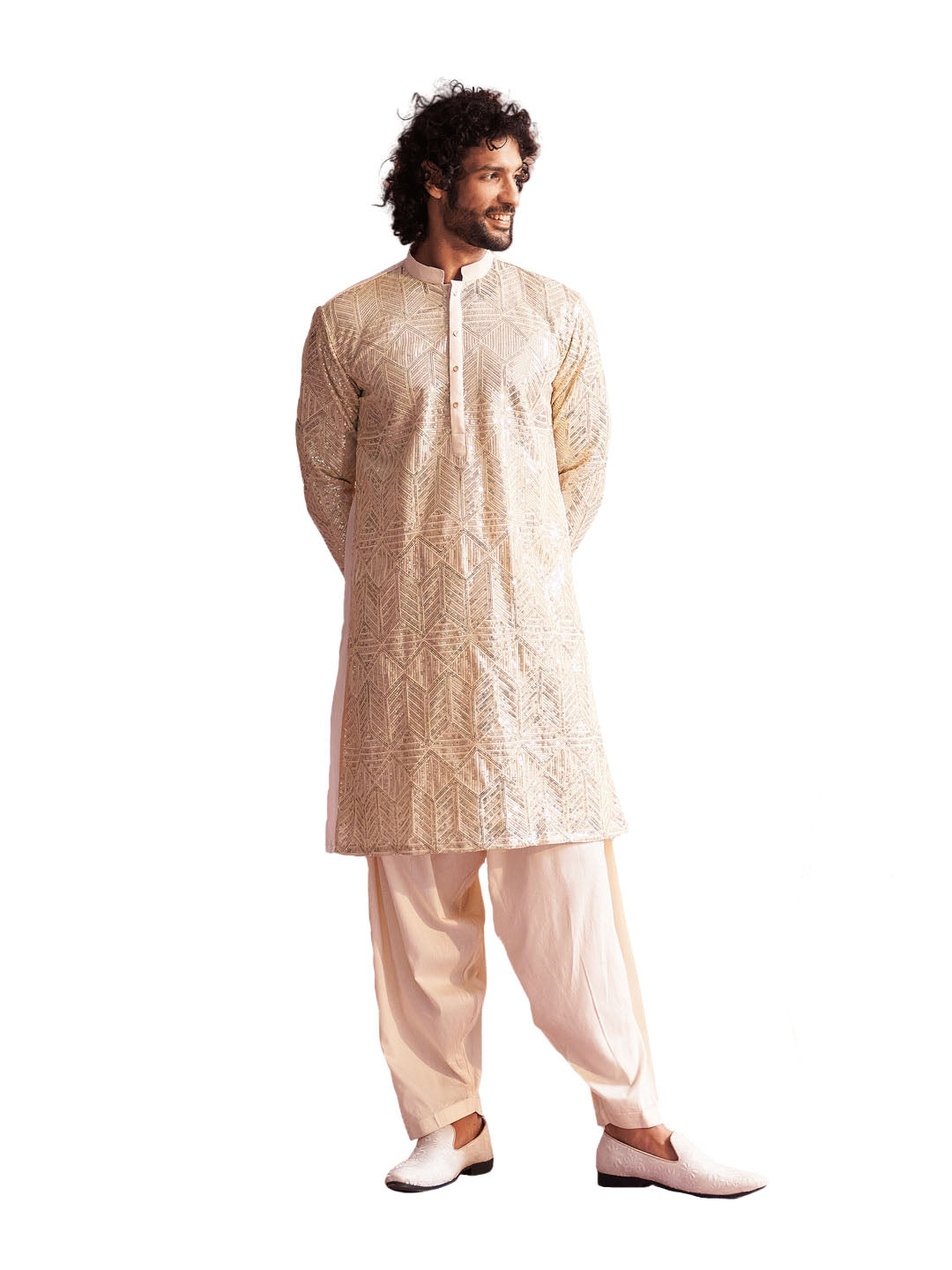 Men's Cream Georgette Kurta and Patiala Set