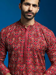 Men's Red Chinon Kurta