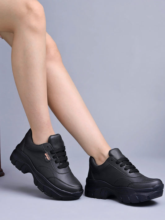 Shoetopia Lace-up Detail Black Chunky Sneakers For Women & Girls