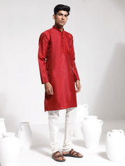 Men's Maroon And Cream Dupion Silk Kurta Pyjama Set