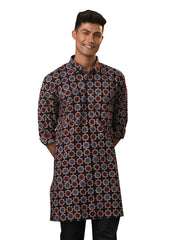 Men's Multicolor Base Black Cotton Kurta