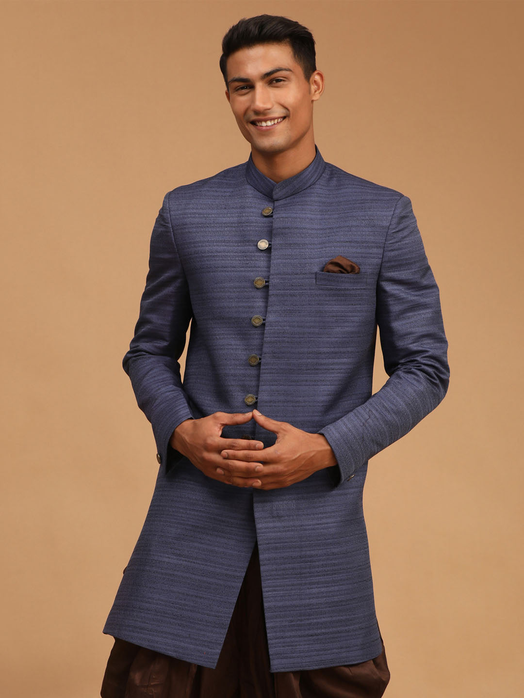 Men's Navy Blue Silk Blend Sherwani Only Top