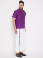 Men's Purple and White Silk Blend Shirt And Mundu