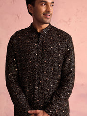 Men's Black And Cream Georgette Kurta Pyjama Set