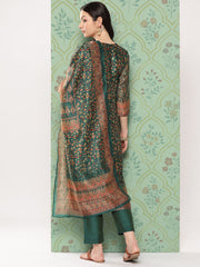 Women Green Ethnic Motif Printed Round Neck Yoke Straight Kurta Paired With Tonal Solid Bottom And Printed Dupatta