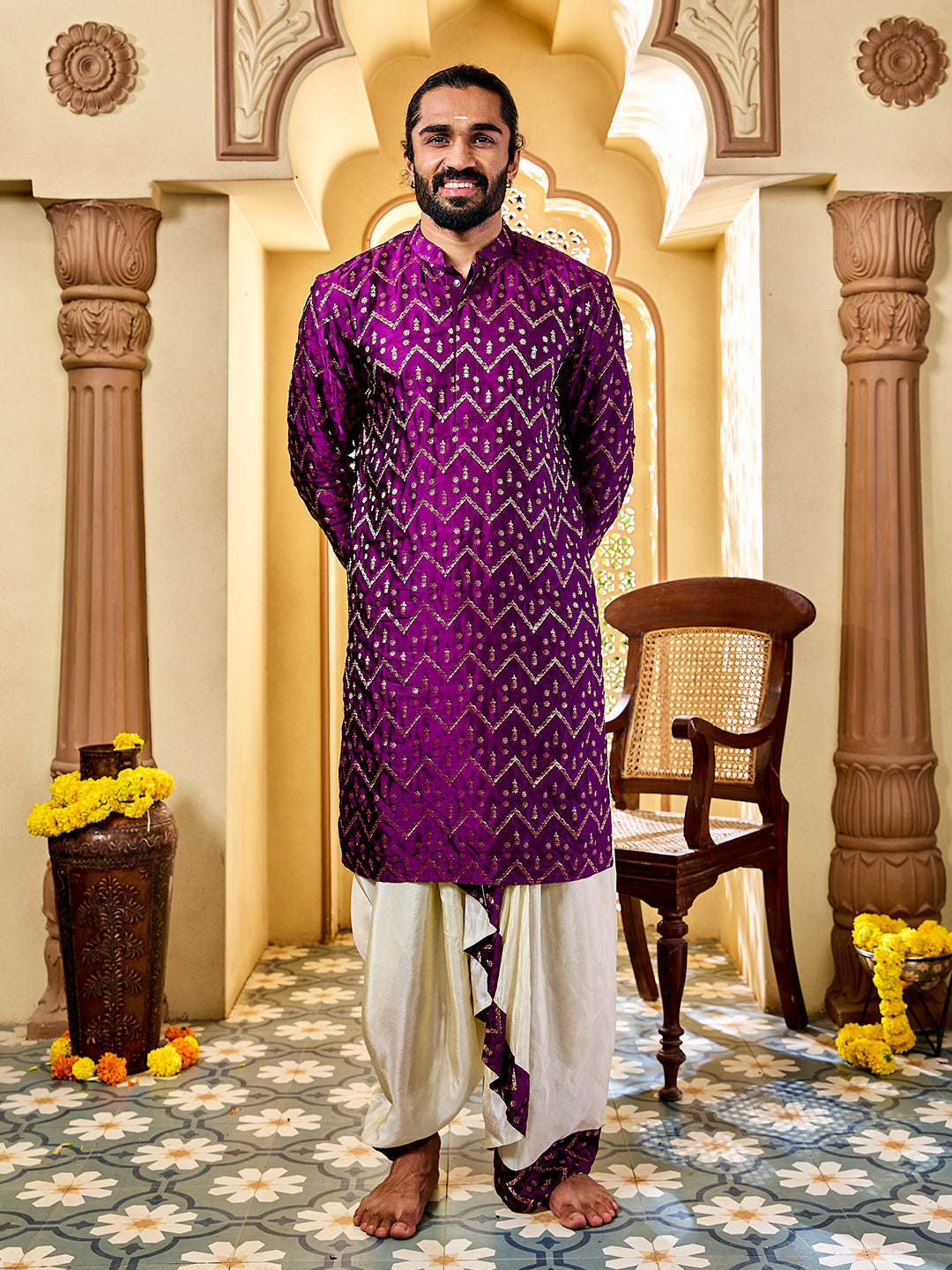 Men's Purple Silk Blend Kurta And Dhoti Set