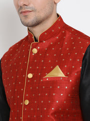 Men's Black Silk Blend Jacket, Kurta and Dhoti Set