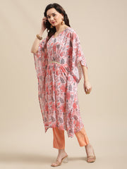 Peach Floral Printed Kaftan Trouser Set.