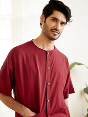 Men's Maroon Cotton Short Kurta