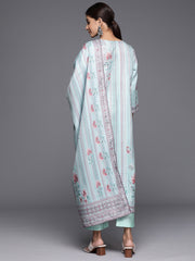 Women Blue Stripe Printed Straight Kurta Paired With Tonal Bottom And Dupatta