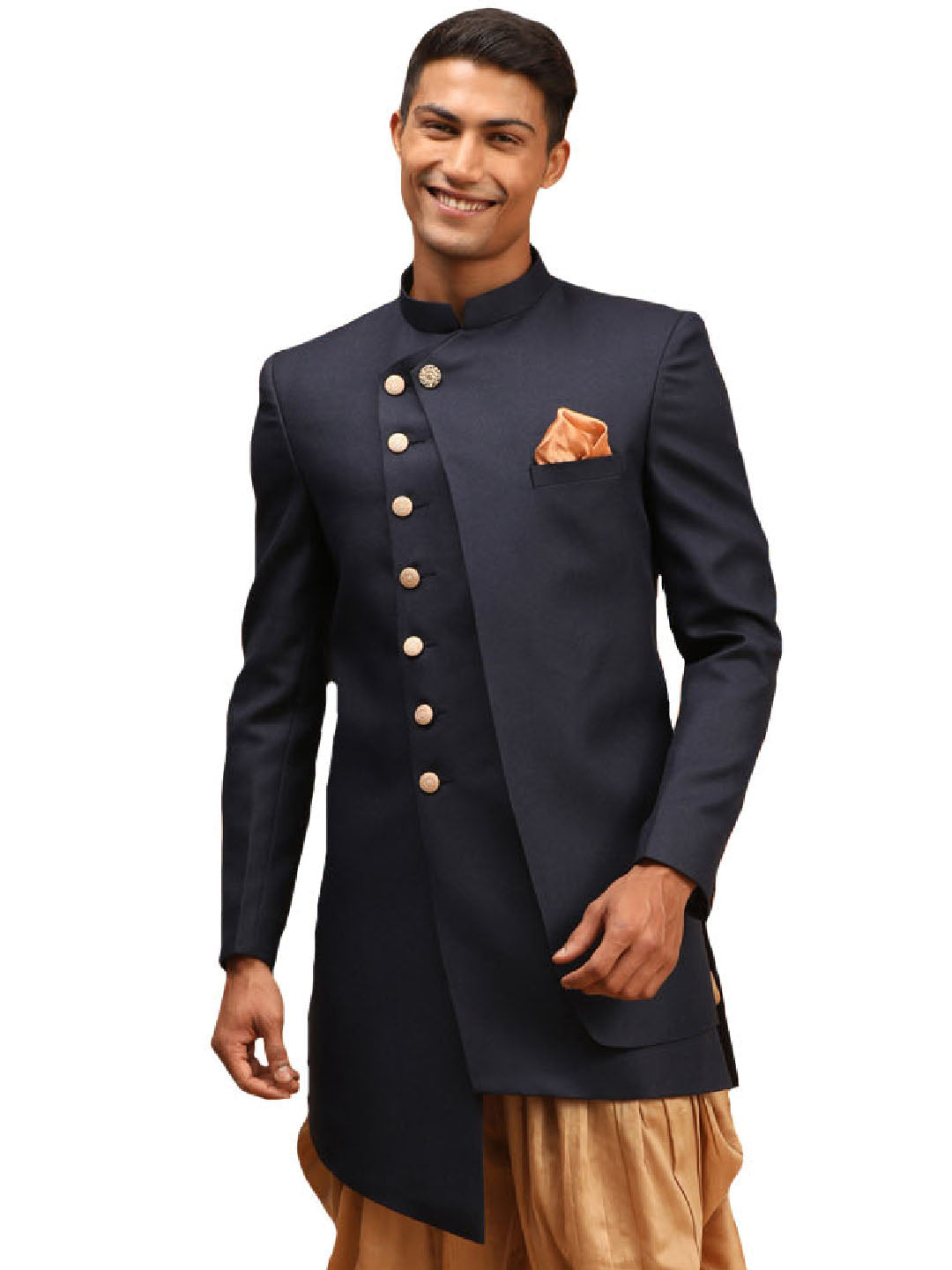 Men's Navy Blue Cotton Blend Sherwani Only Top